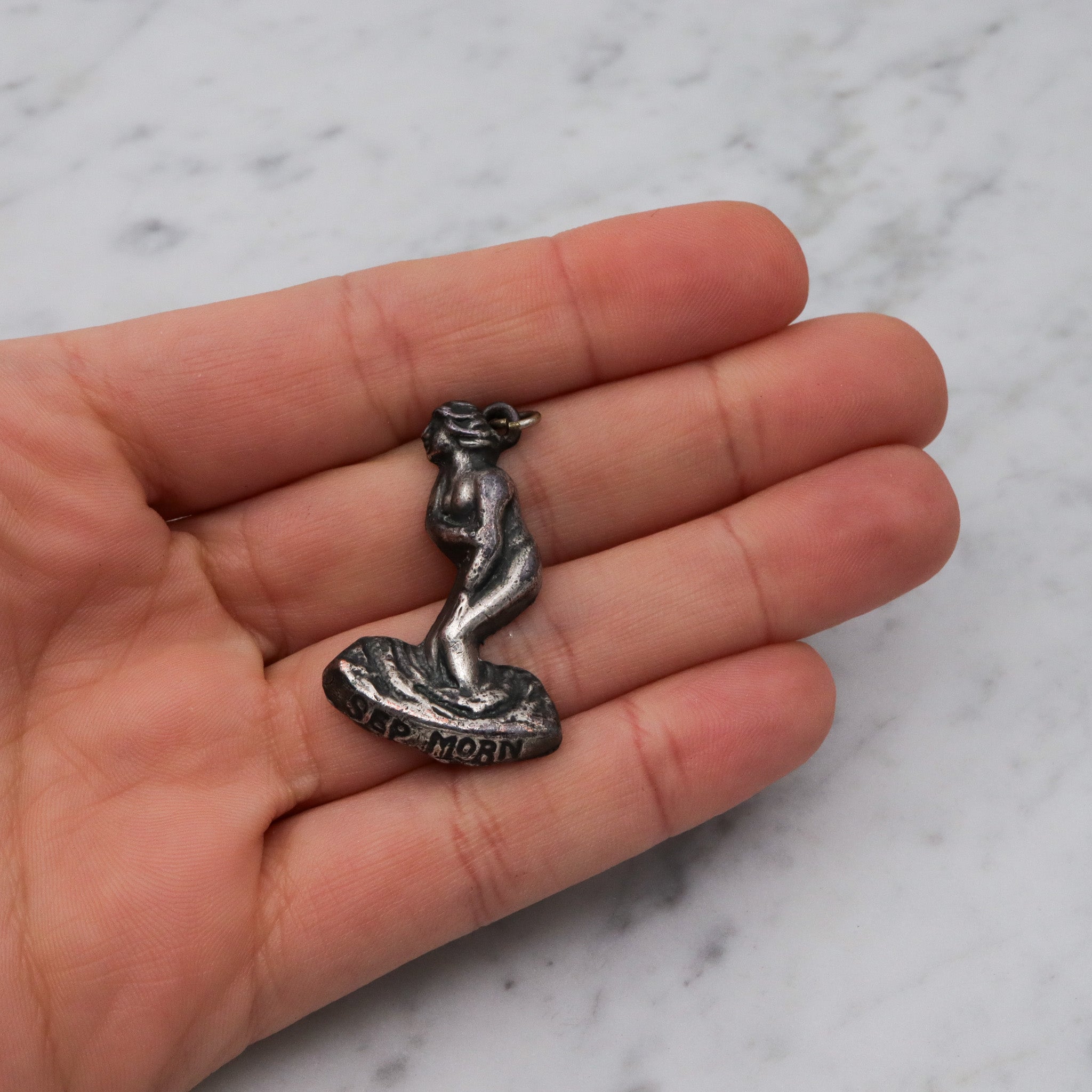 Rare Antique silver plated "September Mourn" statue charm pendant